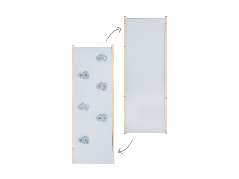 Kinderkletterwand, die sich einfach in eine Rutsche verwandeln lässt.