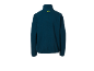 Dunkelblaues Fleece mit kleinem gelben Logo am Kragen, Rückansicht.