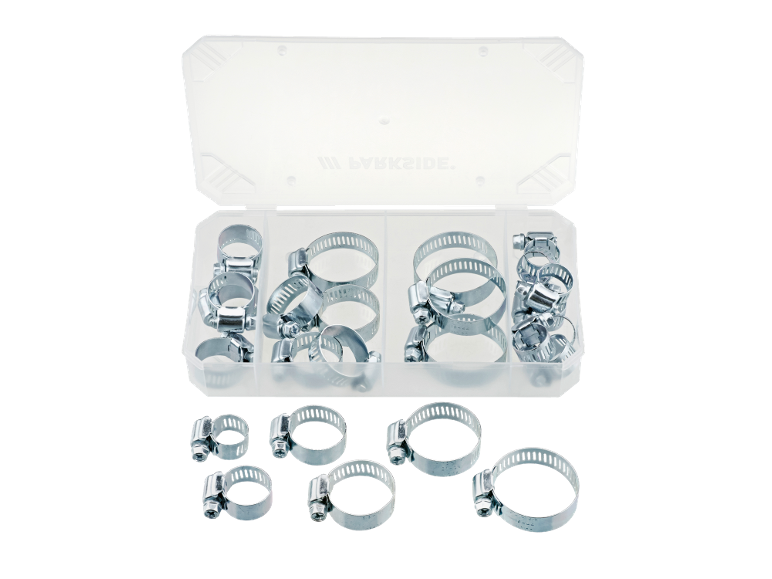Set Metallschlauchschellen in verschiedenen Größen in einer transparenten Box.