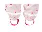Rosa Kinder-Regenhose mit roten und hellrosa Herzmustern und reflektierenden Streifen.