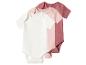 Drei kurzärmelige Babybodys in Weiß, Hellrosa und Dunkelrosa.
