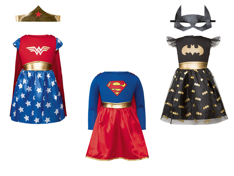 Wonder Woman, Superman und Batgirl Kostüme für Kinder.