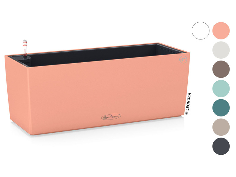 Ein rosafarbener rechteckiger Lechuza-Pflanzkasten mit Wasserstandsanzeige.