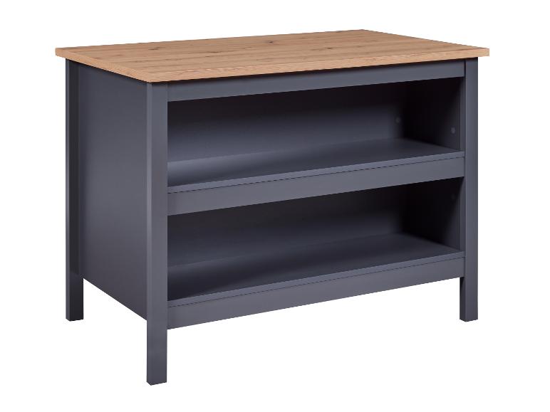 Graues offenes Regal mit Holzplatte.