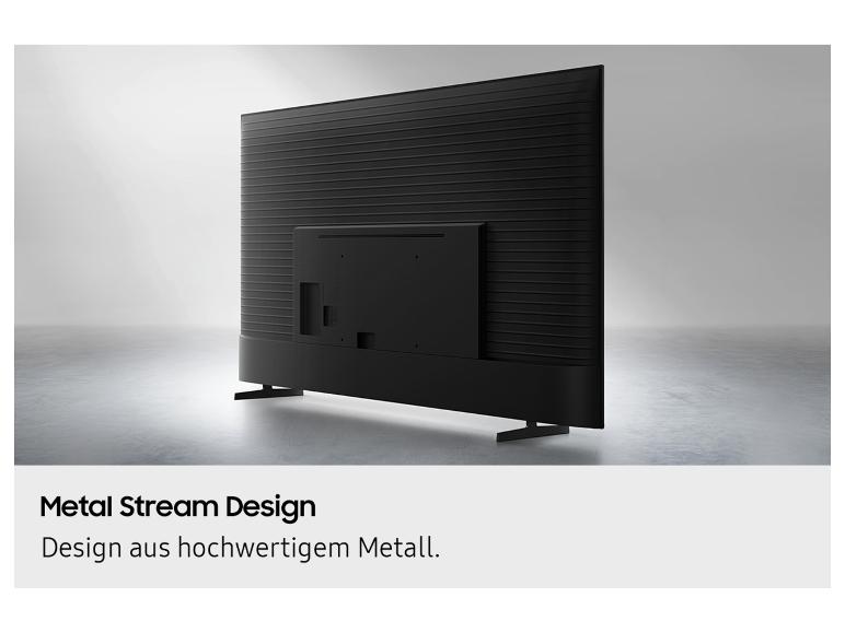 Fernseher von hinten, mit dem Text „Metal Stream Design“ und „Design aus hochwertigem Metall“.
