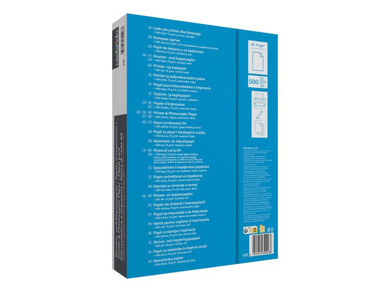 Packung mit 500 Blatt A4 75 g/m² Drucker- und Kopierpapier.