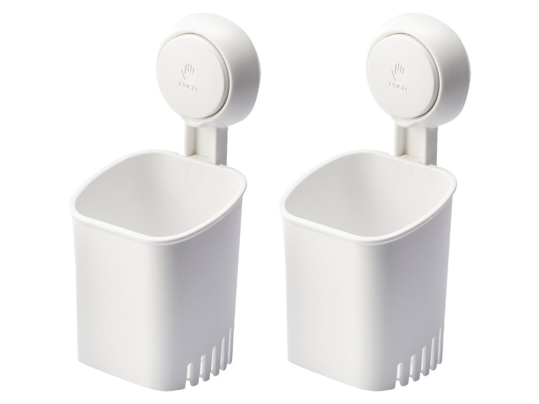 Zwei weiße Wandhalterungen mit Saugnäpfen.