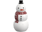 Ein weißer Schneemann mit schwarzem Hut, oranger Karottennase, schwarzen Augen und Knöpfen sowie einem rot-weiß karierten Schal.