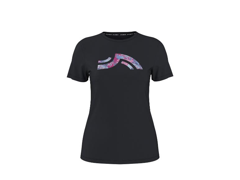 Schwarzes Damen-T-Shirt mit abstraktem rosa-blauem Muster auf der Vorderseite.