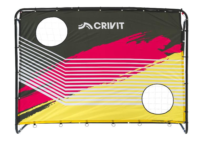 Fußballtorwand mit Schusslöchern, schwarzes, rotes und gelbes Design.