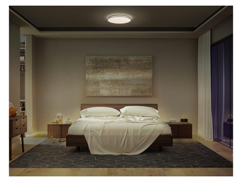 Ein modernes Schlafzimmer mit Bett, Nachttischen und Deckenleuchte, das eine gemütliche Atmosphäre schafft.