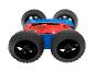 Ein rotes und blaues Spielzeug-Geländewagen mit großen Reifen.