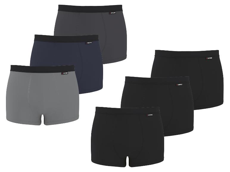 Sechserpack Herren-Baumwollboxershorts in Grau-, Schwarz- und Marineblautönen.