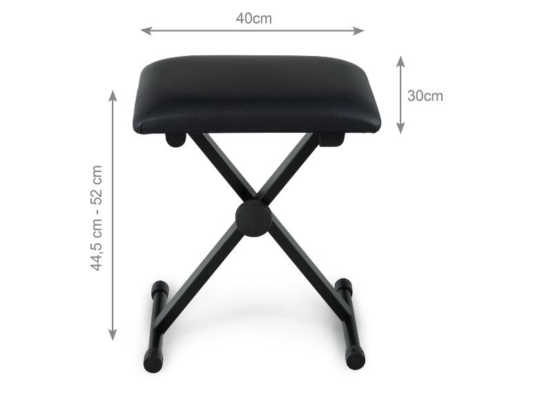 Schwarze Klavierbank mit X-Beinen, 40x30 cm groß und höhenverstellbar von 44,5-52 cm.