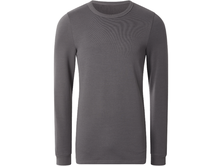 Graues Langarmshirt mit Rundhalsausschnitt und geradem Schnitt.