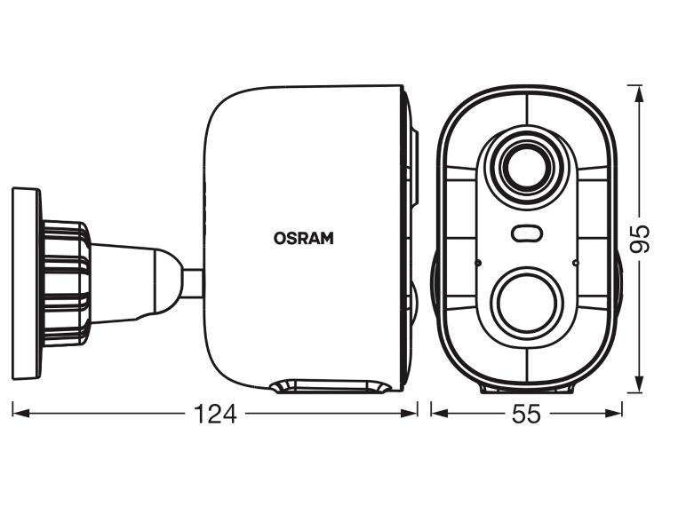 Technische Zeichnung einer Überwachungskamera mit Abmessungen: 124mm Länge, 95mm Höhe, 55mm Breite.
