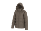 Braune Kapuzen-Steppjacke mit Reißverschluss und Taschen.