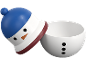 Schneemannförmiger Behälter mit blauer Mütze und offenem Boden.