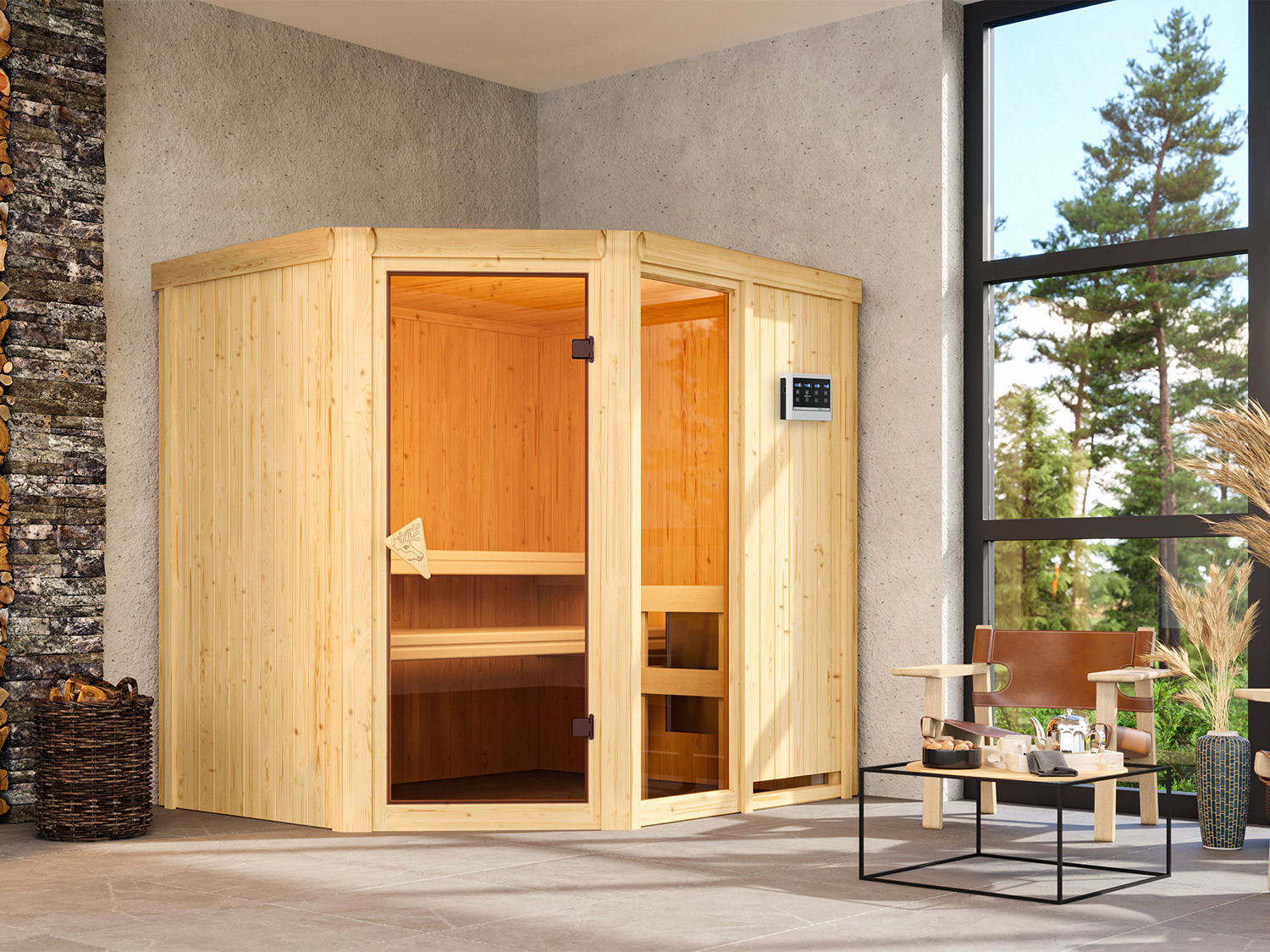 Karibu Indoor-Sauna »Oslo« mit Eckeinstieg 9 kW Ofen