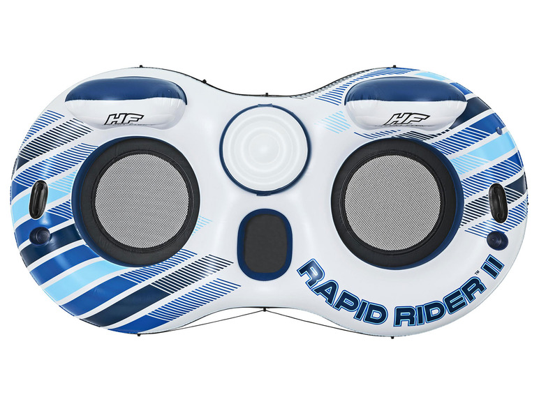 Ein weißer, aufblasbarer Schwimmring mit zwei Sitzplätzen, blauen Streifen und dem Logo 'Rapid Rider'.
