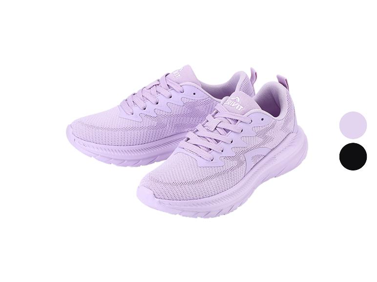 Ein Paar helllila Sportschuhe mit weißer Sohle und einem schwarzen und lila Farbauswahlkreis.