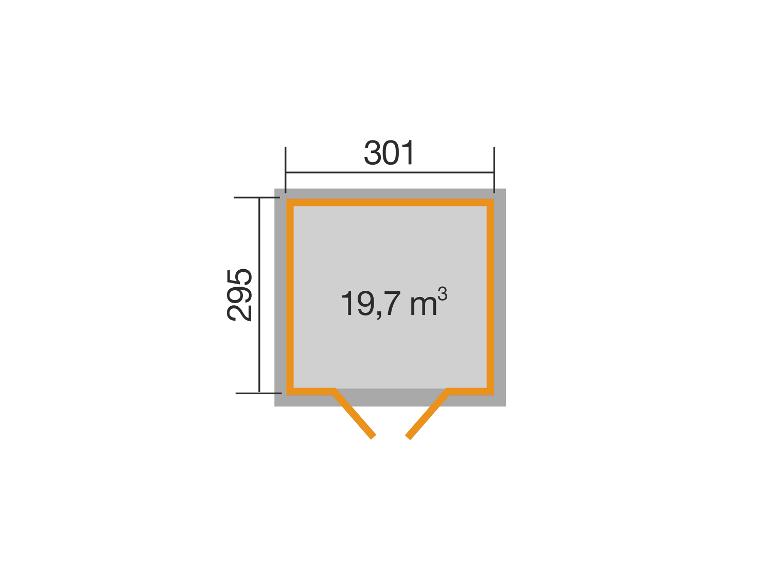 Grundriss mit Abmessungen 295x301 cm und einem Volumen von 19,7 m³.