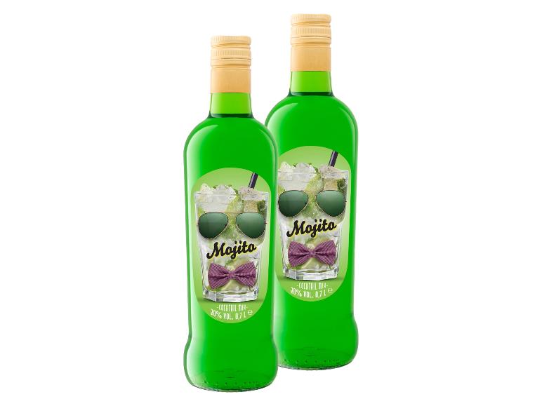 Zwei Flaschen Mojito Cocktail-Mix, 20% Vol., 0,7L, mit festlichem Etikett.
