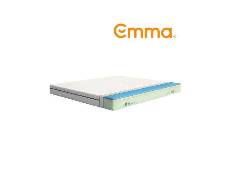 Emma Matratze mit sichtbaren Schaumstoffschichten und Markenlogo.