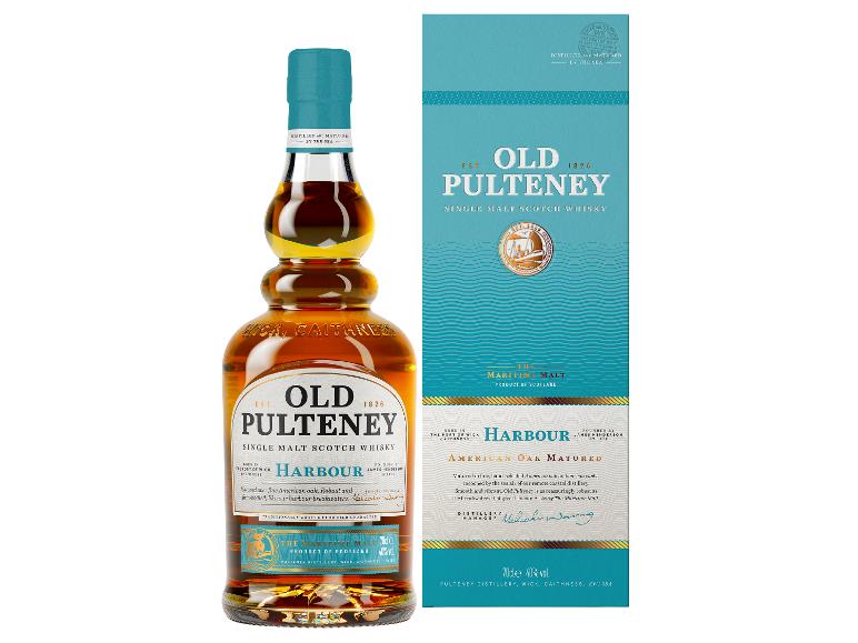 Eine Flasche Single Malt Scotch Whisky und ihre blau-goldene Verpackung.