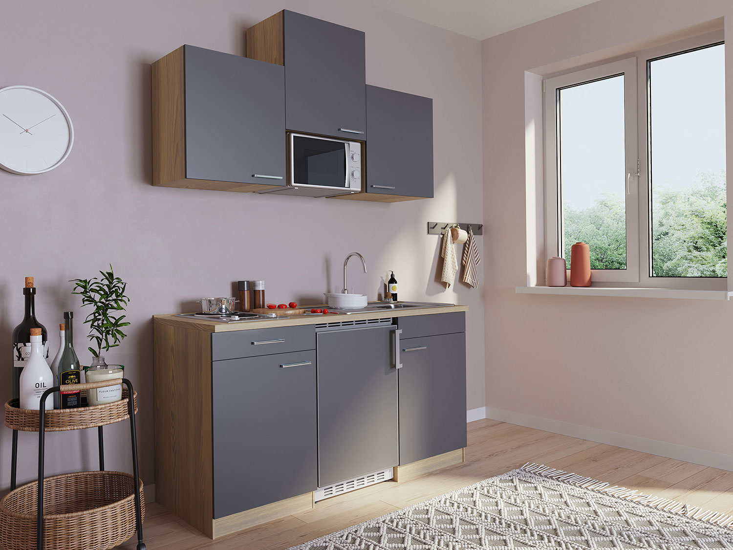 RESPEKTA Singleküche Eiche Sonoma Sägerau 150/160/180cm (mit Mikrowelle, grau mit Kochmulde, Breite 150cm) – Bild 2 von 4