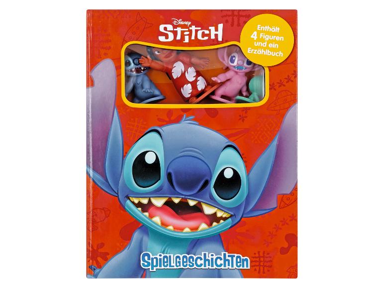 Buch mit Stitch, Lilo und Angel Figuren, mit dem Text „Spielgeschichten“.