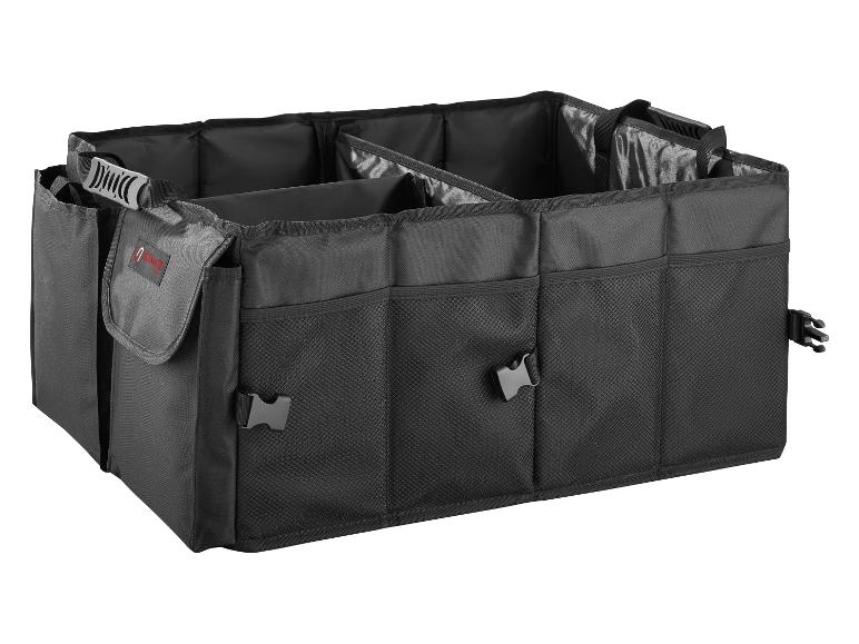 Schwarzer Ultimate Support Kofferraumorganizer mit mehreren Fächern.