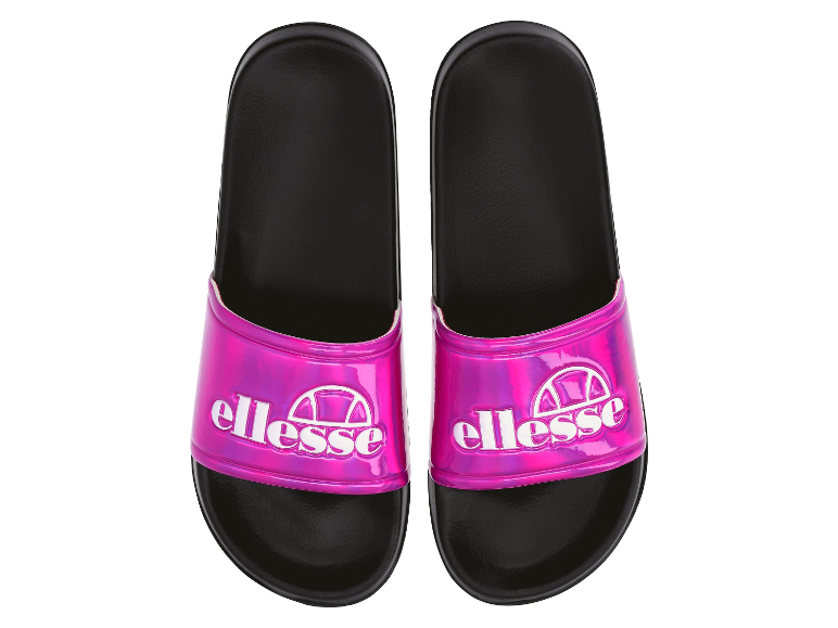 Glänzende Ellesse-Badeschlappen in Fuchsia und Schwarz.