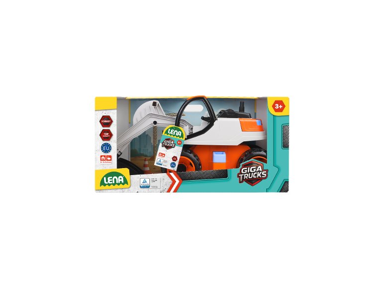 LENA GIGA TRUCKS Spielzeugbagger Pro in Orange/Beige in der Verpackung.