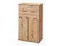 Holzschrank mit drei Schubladen und zwei Türen, mit Metallgriffen.