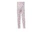 Weiße Kinderleggings mit buntem Blumenmuster und Herzen.