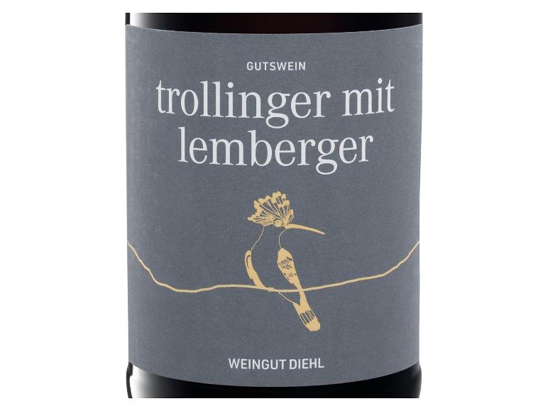 Weinetikett Trollinger mit Lemberger mit Vogelillustration und dem Text „GUTSWEIN WEINGUT DIEHL“