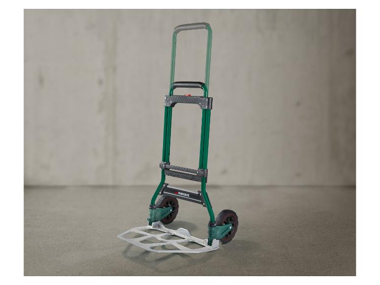Parkside klappbarer Sackkarren für Lastentransport, grün und schwarz, auf grauem Hintergrund.
