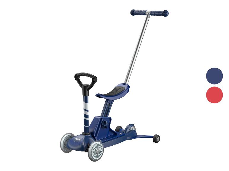 Blauer 3-in-1 Kinderroller mit Sitz und Schiebegriff.