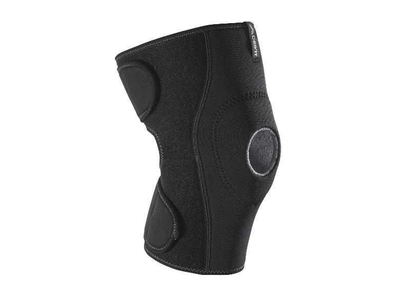 Schwarze Neopren-Kniebandage mit Nahtdetails und einem Gelkissen zur Unterstützung.