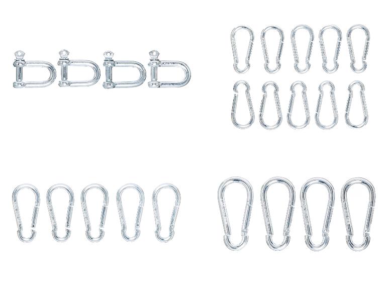 Metallkarabiner und Schäkel in verschiedenen Größen.