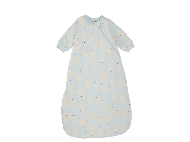 Hellblauer Babyschlafsack mit Ärmeln und Eisbärenmuster