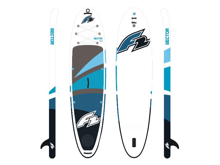 F2 Sector 11.5 aufblasbares SUP-Board in Weiß, Blau und Grau, mit Paddel und Finne.
