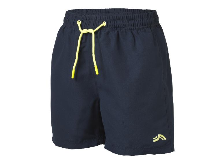 Dunkelblaue Herren-Badeshorts mit gelbem Kordelzug und kleinem gelben Logo.