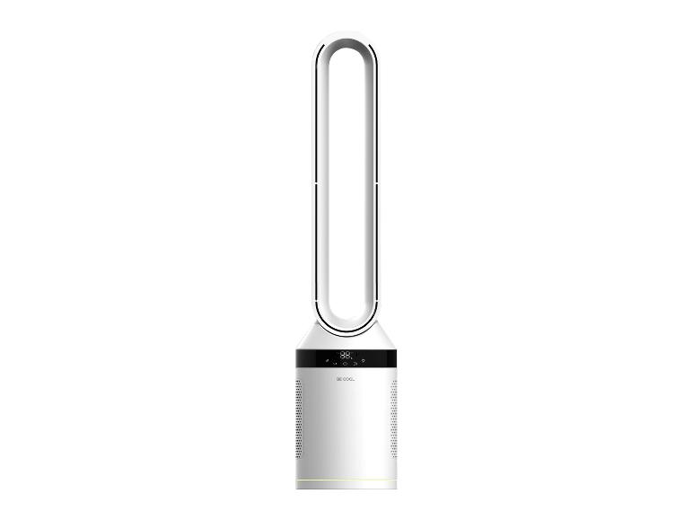 Weißer turmhoher Ventilator ohne Rotorblätter mit Digitalanzeige '88' und Bediensymbolen.