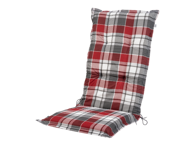 Ein rot-graues kariertes Stuhlkissen.