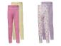 Zwei Paar Kinderleggings: pink und gelb, sowie weiß geblümt mit lila.