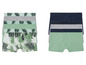 Zwei Packungen Boxershorts, eine mit tropischem Muster und eine einfarbige.