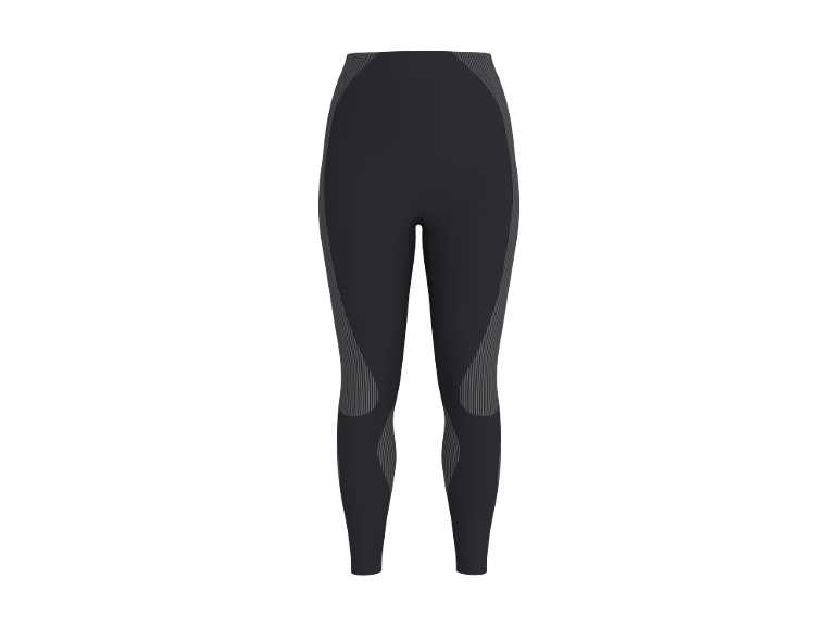 Dunkelgraue Sportleggings mit vertikalen Streifenmustern an den Seiten und Oberschenkeln.
