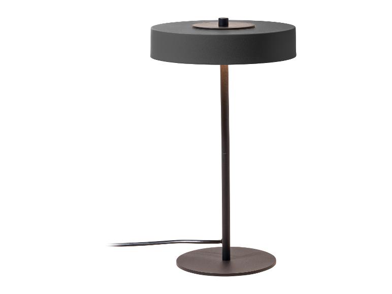 Schwarze Tischlampe mit rundem Fuß und Schirm.